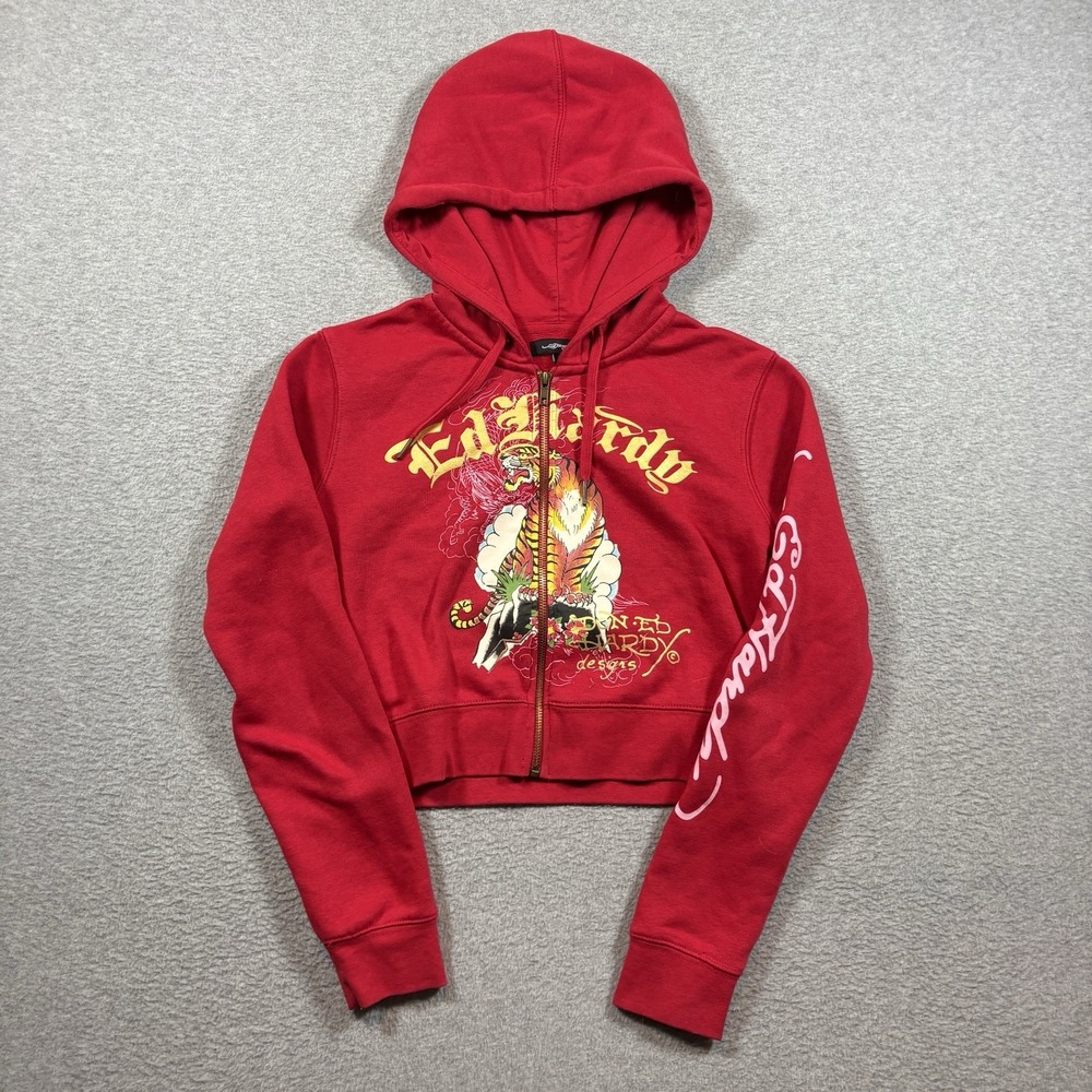 Ed Hardy Womens L Cropped Zip Hoodie Red Tiger Tattoo Y2K Sweatshirt Graphic